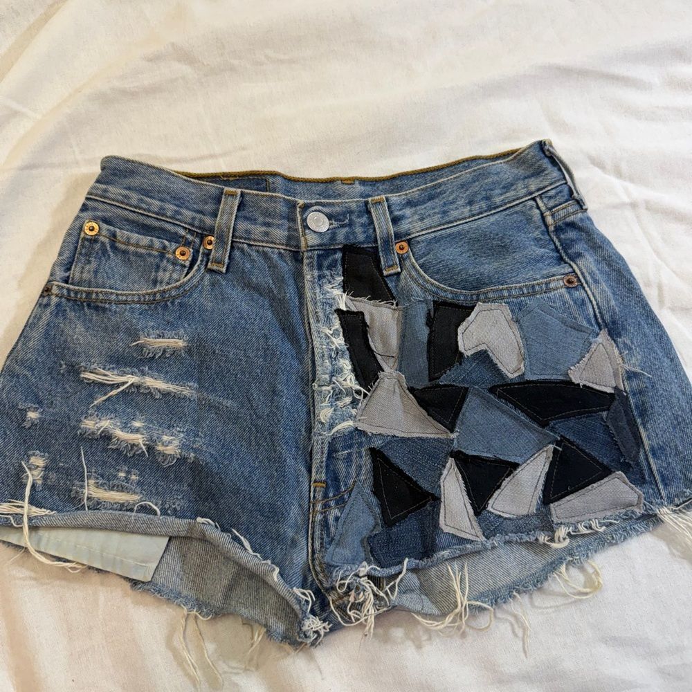 Vintage upcycled Levi's Blue Patchwork Distressed Jean Shorts-size 29